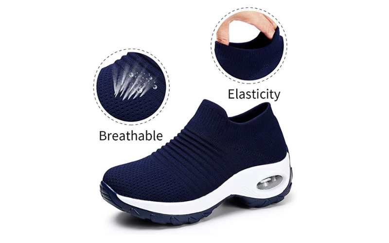 Side view and marketing information of STQ Slip-On Breathe Mesh Walking Shoes. Image credit: Amazon