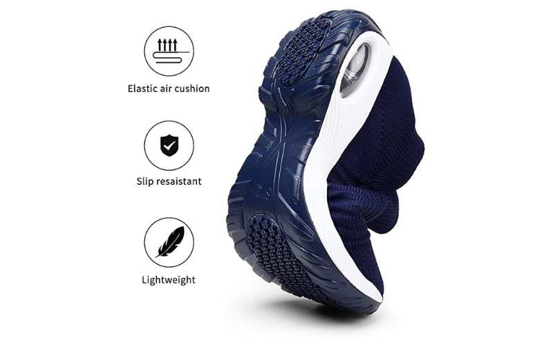 Sole view and marketing information of STQ Slip-On Breathe Mesh Walking Shoes. Image credit: Amazon