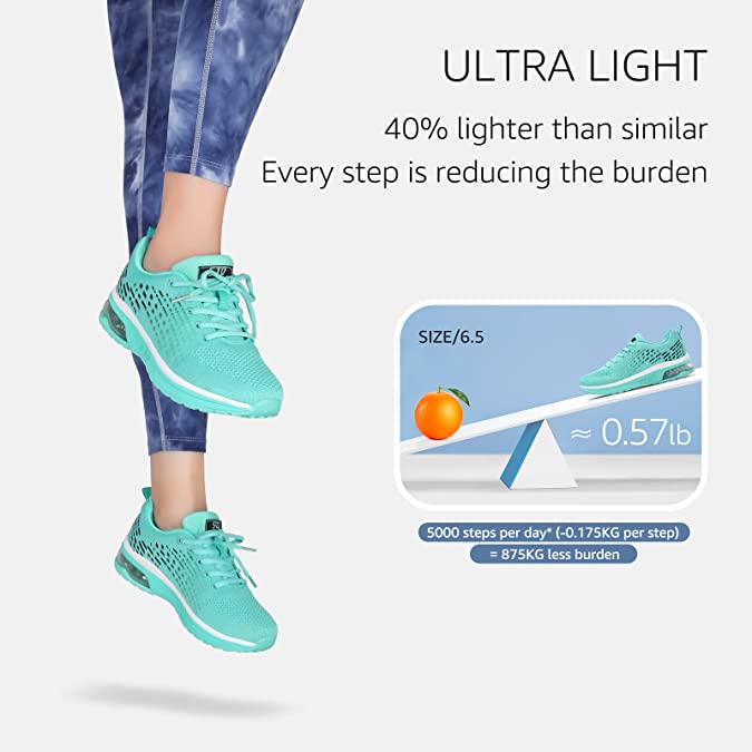 Marketing ad about how ultra light STQ Women's Running Shoes are.  Image credit: Amazon.