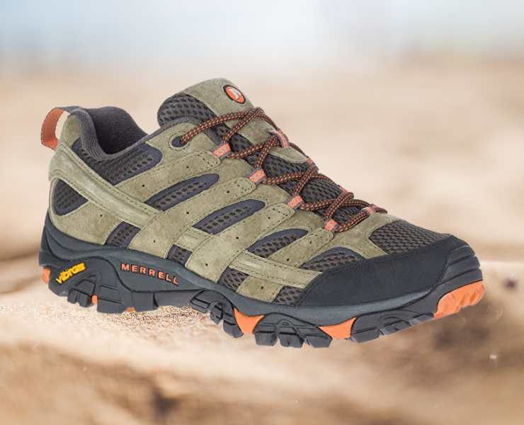 Side view of Merrell Men's Moab 2 Vent Hiking Shoe on sand dune