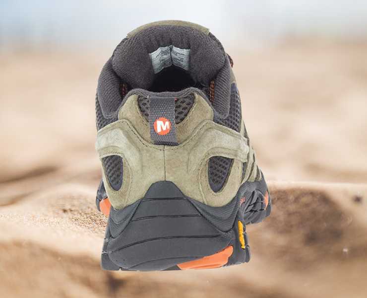 Heel View of Merrell Men's Moab 2 Vent Hiking Shoes on sand dune