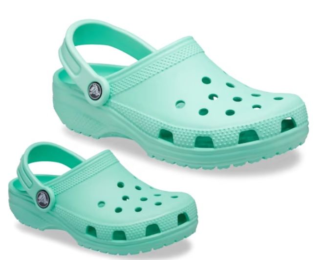 Top side view of Crocs Unisex-Adult and Kids Classic Clogs, Jade Stone color. Image credit: CROCS