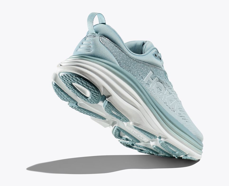 Sole and side views of HOKA Bondi 8 Women's Shoes. Image credit: HOKA