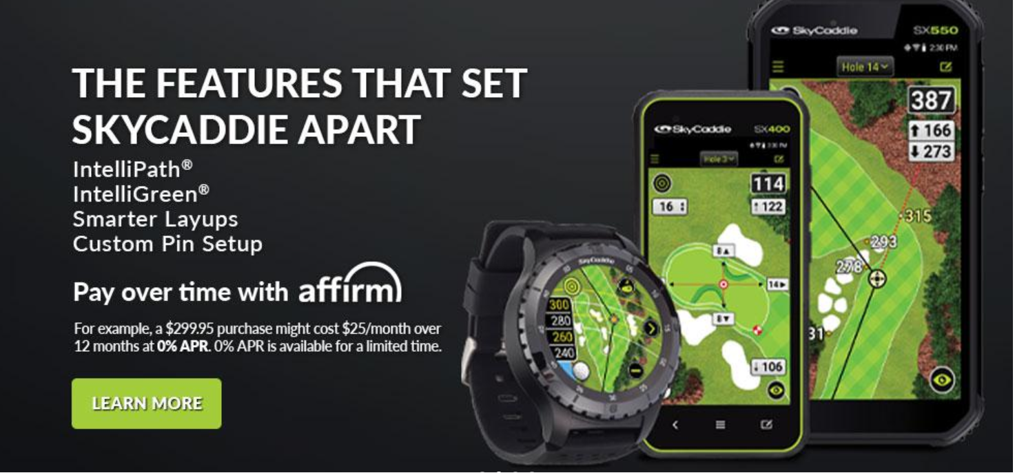 Marketing ad for SkyCaddie Apart - IntelliPath, IntelliGreen, Smarter Layups and Custom Pin Setup