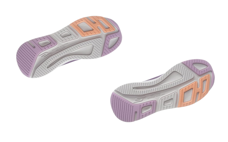 Sole view of Skechers Men's Arch Fit Oxford. Ivory, purple and orange sole grids.